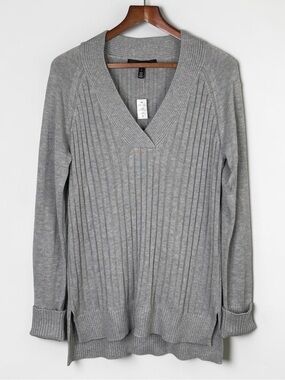 NWT WHBM Cashmere Blend Mixed Rib V-Neck Tunic Sweater L Heather Gray